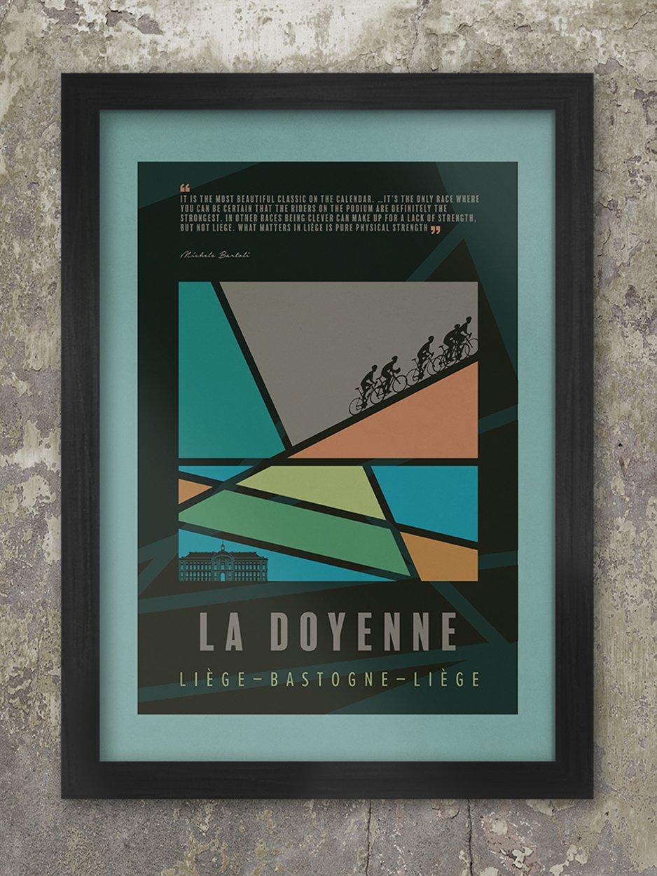 Liège–Bastogne–Liège Cycling Poster Print - The Monuments. Fields, Forest and sharp inclines mark out the oldest one-day race in the world. One of a series of 5 posters which includes paris-Roubaix, Milano-Sanremo, Tour of Flanders and Lombardia.